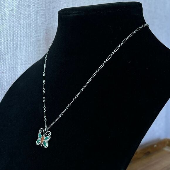Vintage Sterling Silver 925 Butterfly Turquoise and Coral Chip Pendant 19” Chain - Picture 3 of 6